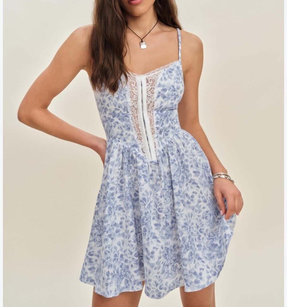 Reformation Olina 100% Linen Mini Dress Chloe Blue Floral Size 0